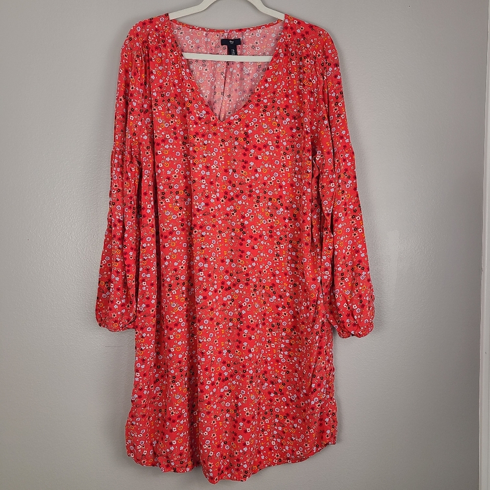 GAP Coral Pink Ditsy Floral V-neck Balloon Sleeve Shift Dress with Pockets XL